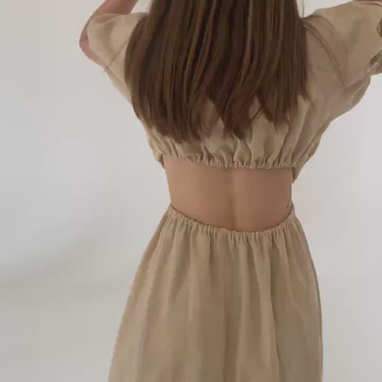 Oat linen dress Flora Plunging neckline open back long linen dress with puffy sleeves Low cut beige dress with plunge back Custom sizes