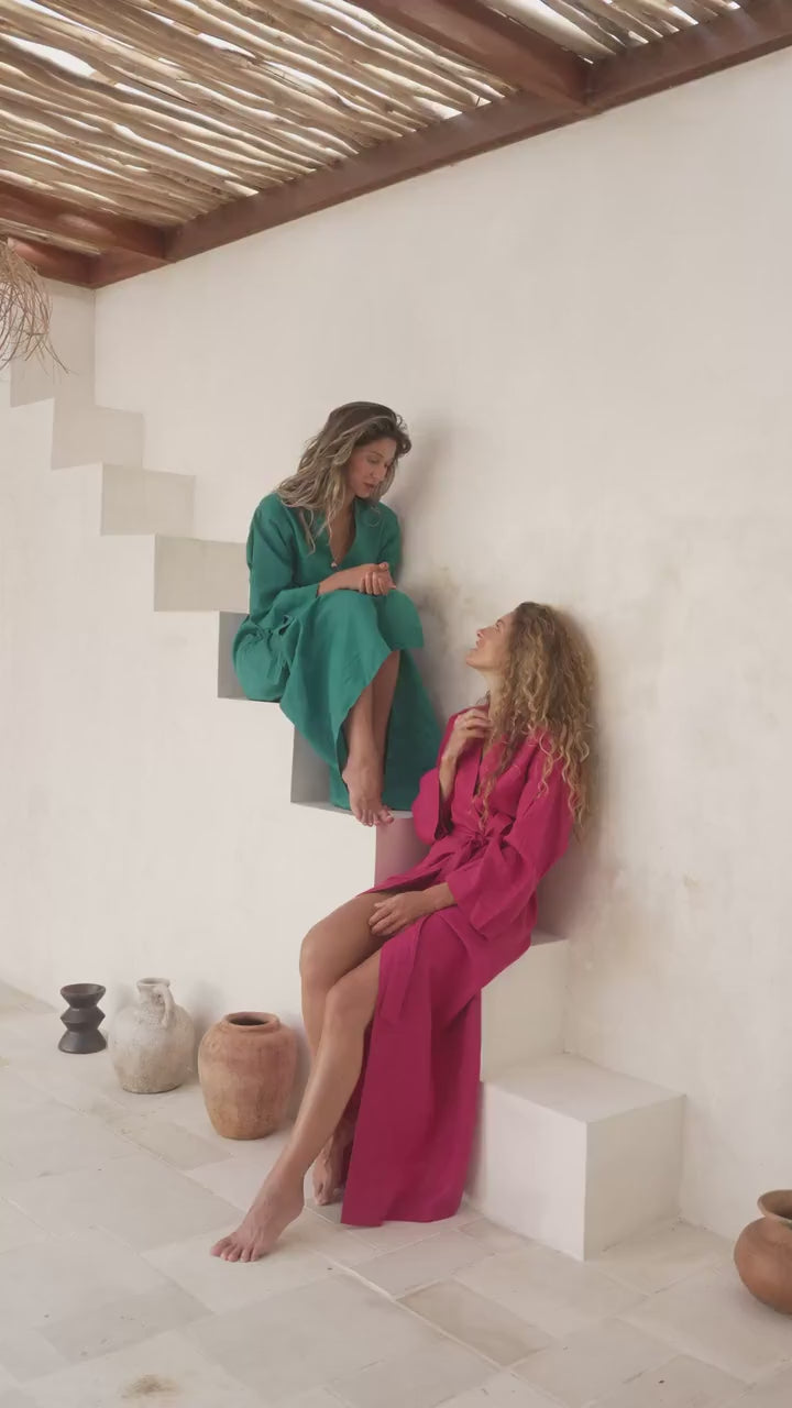 Fuchsia linen kimono maxi dress Lexa Japanese kimono robe Softened linen long wrap dress Kimono wrap dress with belt Custom sizes