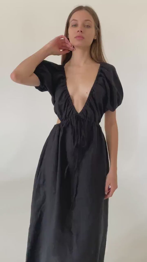Black linen dress Flora Plunging neckline open back long linen dress with puffy sleeves Low cut linen dress with plunge back Custom sizes