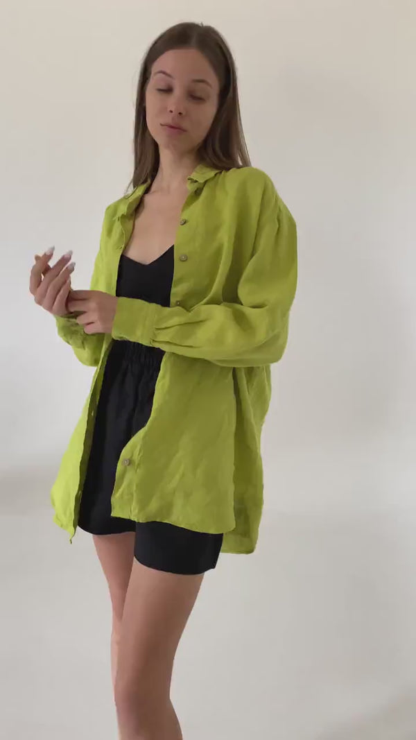 Lime long sleeve linen shirt Kaia Casual oversized button down blouse Loose linen blouse Coconut buttons Mom gift Custom sizes
