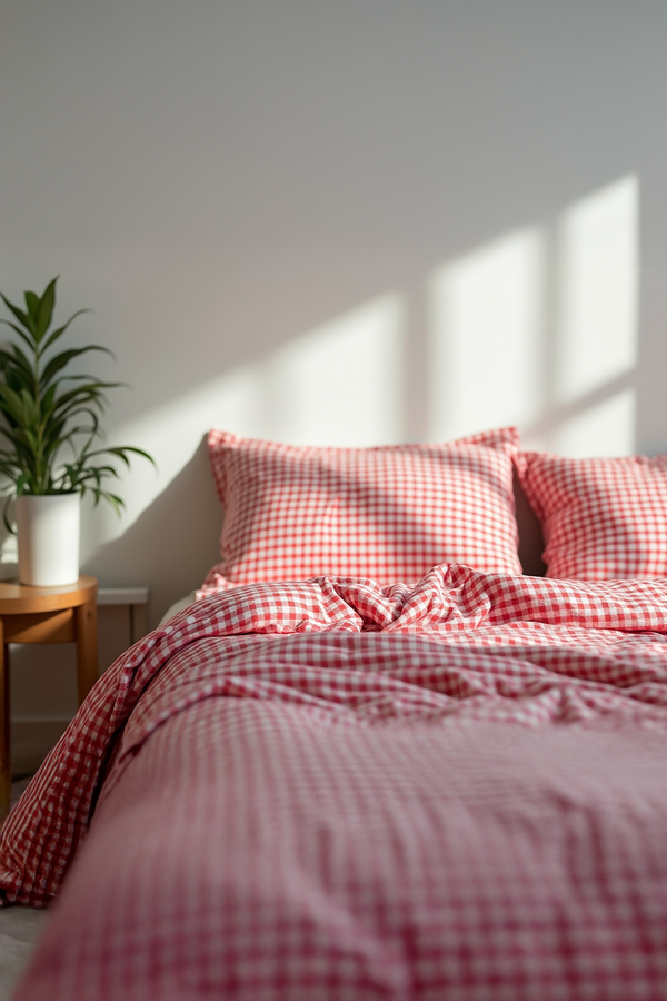 Red Small Gingham Cotton Bedding Set