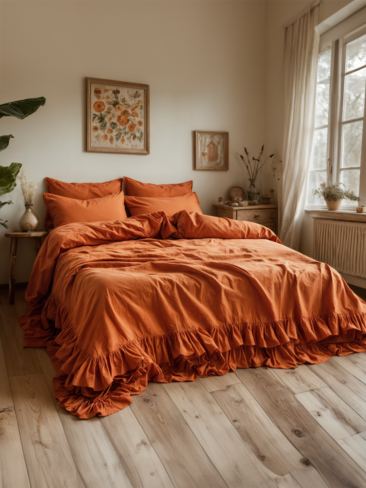 Carrot double ruffles soft linen bedding set
