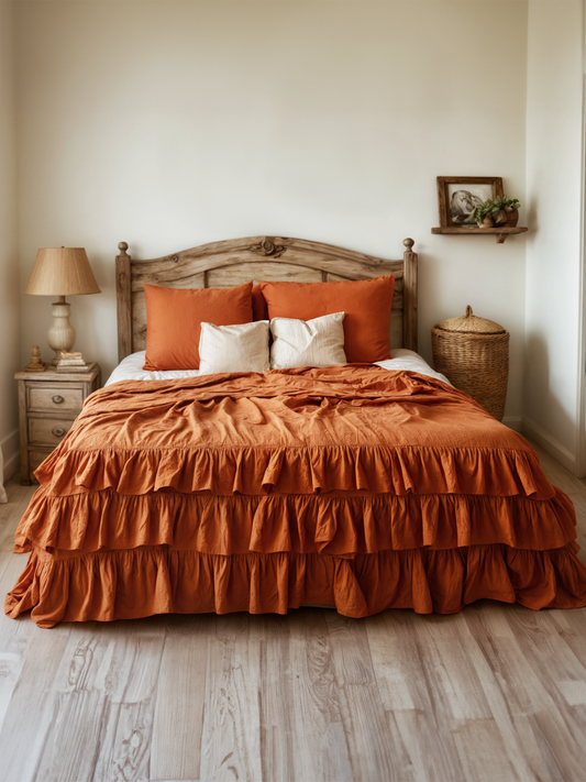Carrot triple ruffles soft linen bedding set