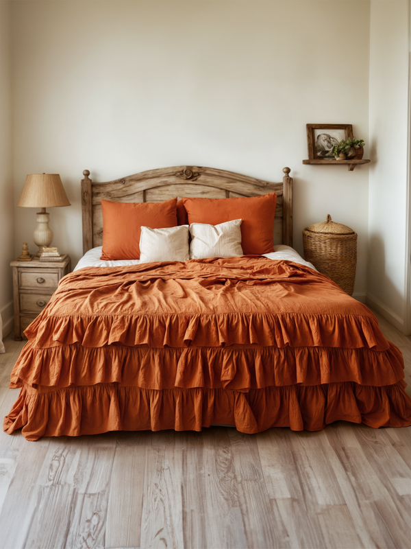 Carrot linen triple ruffled duvet cover