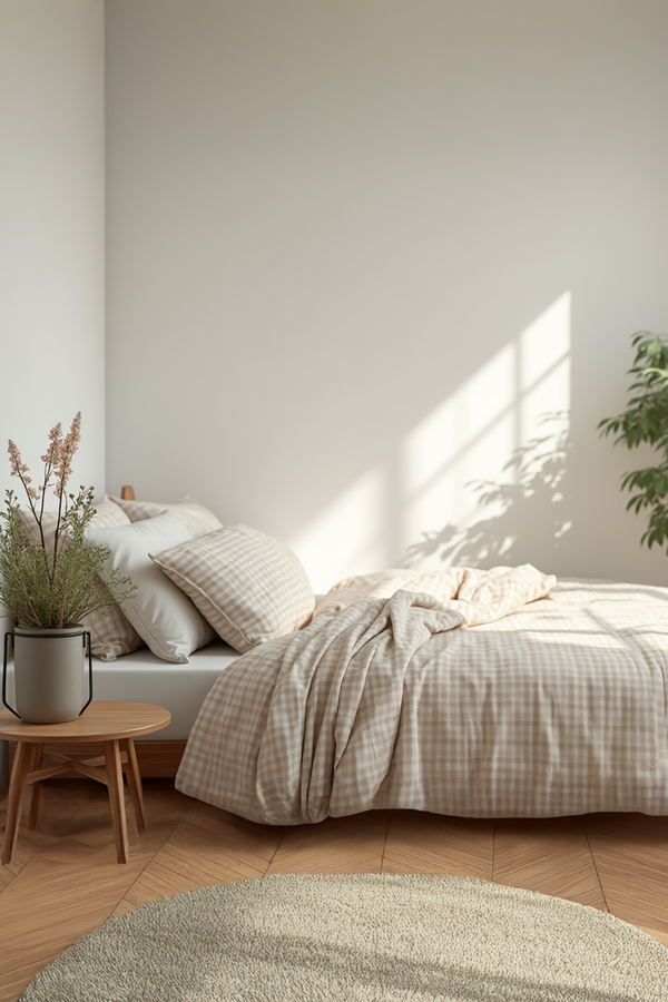 Beige Gingham Cotton Bedding Set