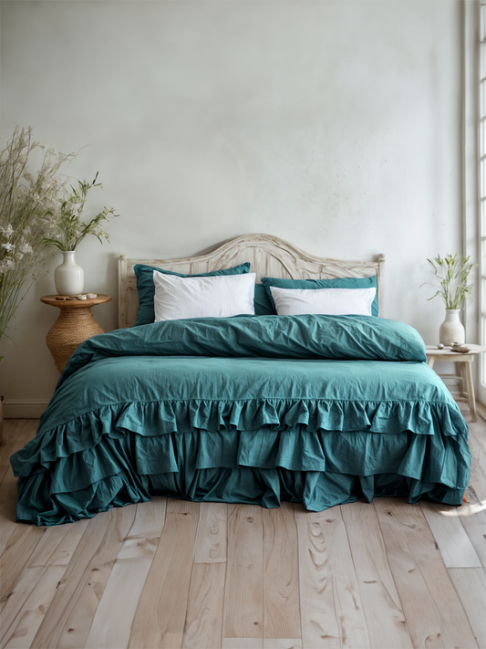 Teal triple ruffles soft linen bedding set
