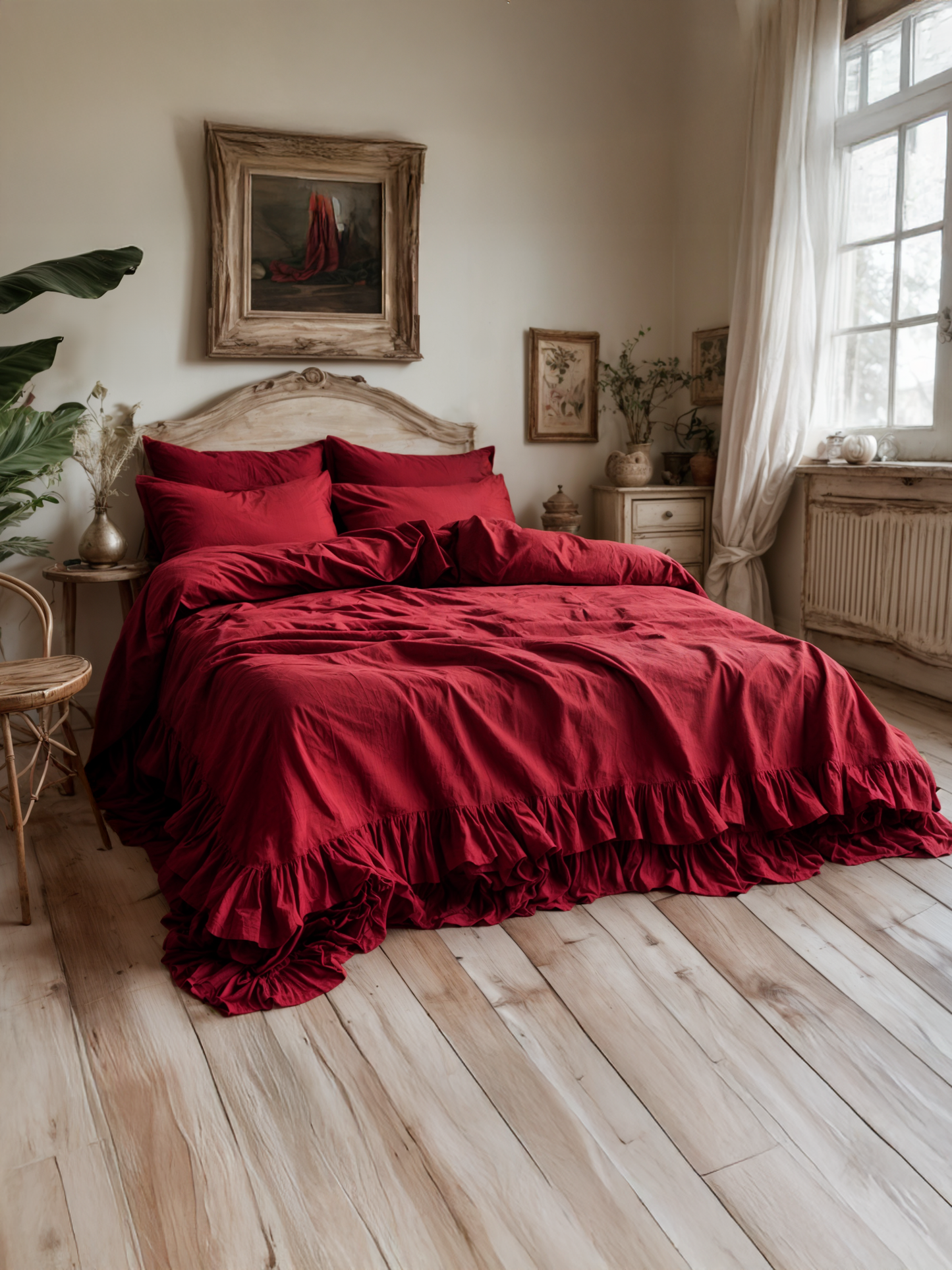 Marsala double ruffles soft linen bedding set