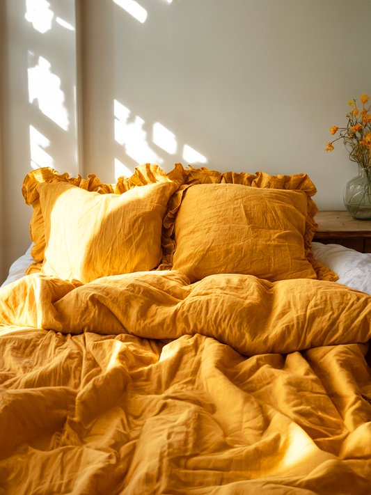Marigold ruffled linen pillow case