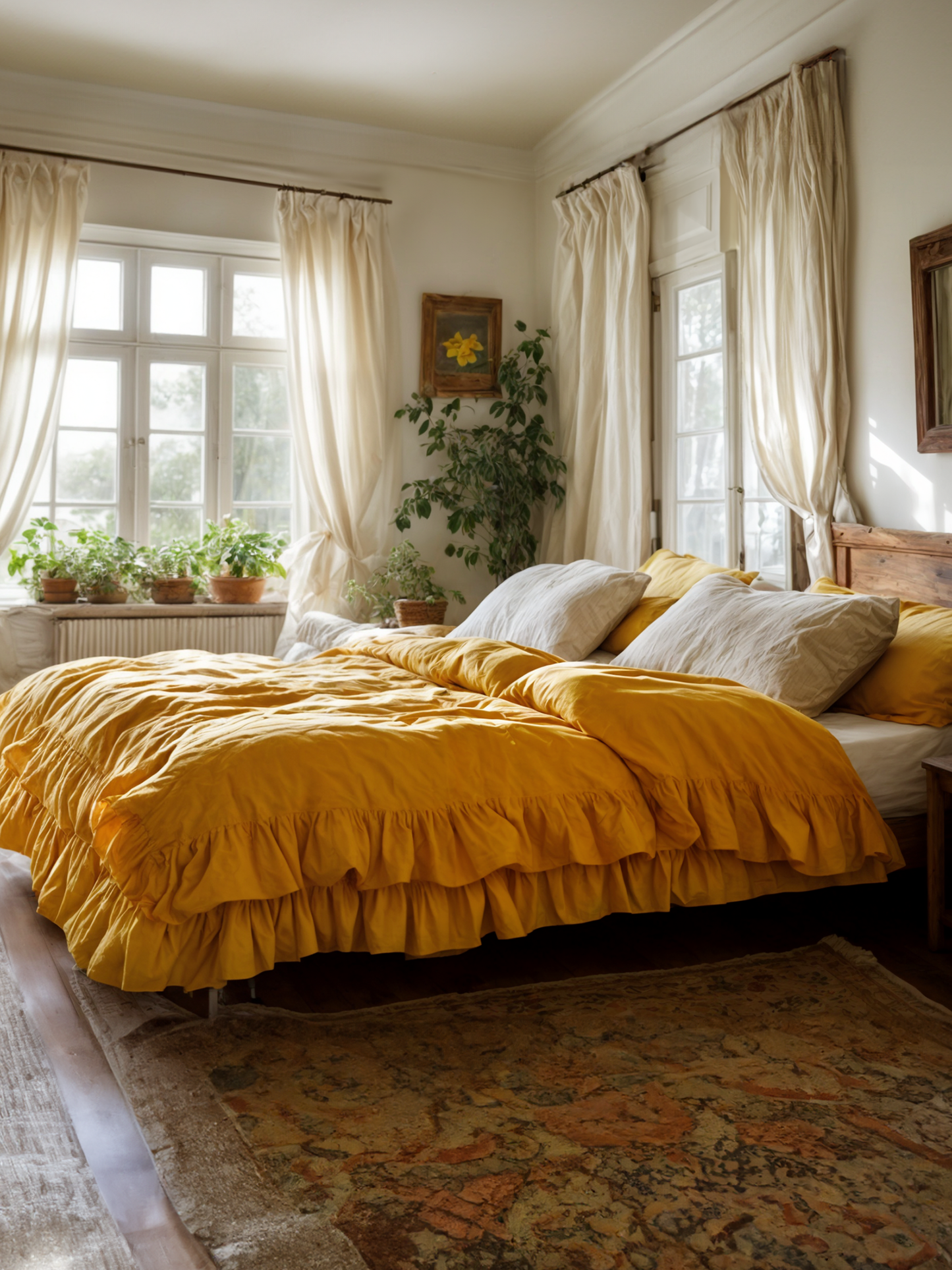 Marigold double ruffles soft linen bedding set