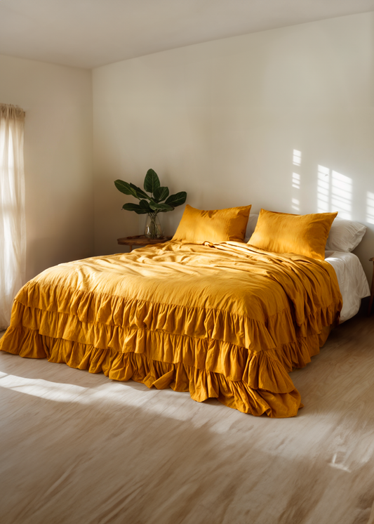 Marigold linen triple ruffled duvet cover