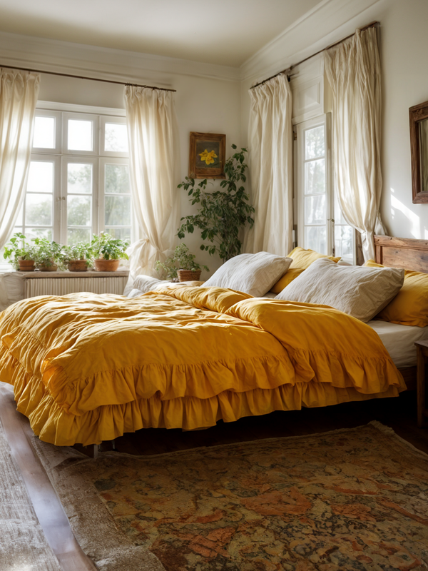 Marigold double ruffles soft linen bedding set