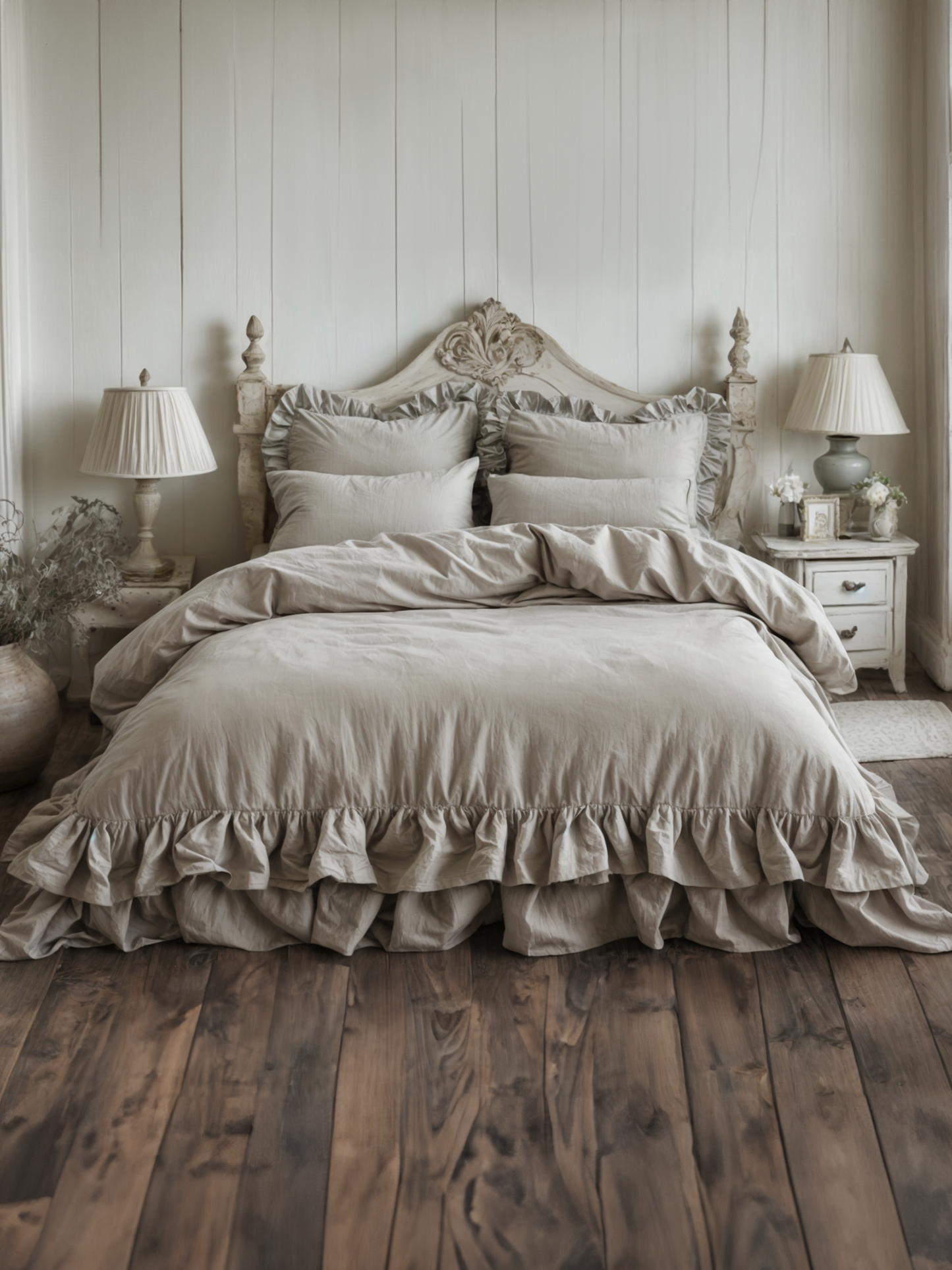 Sand double ruffles soft linen bedding set