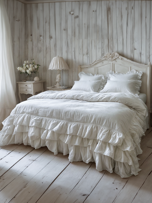 White triple ruffles soft linen bedding set