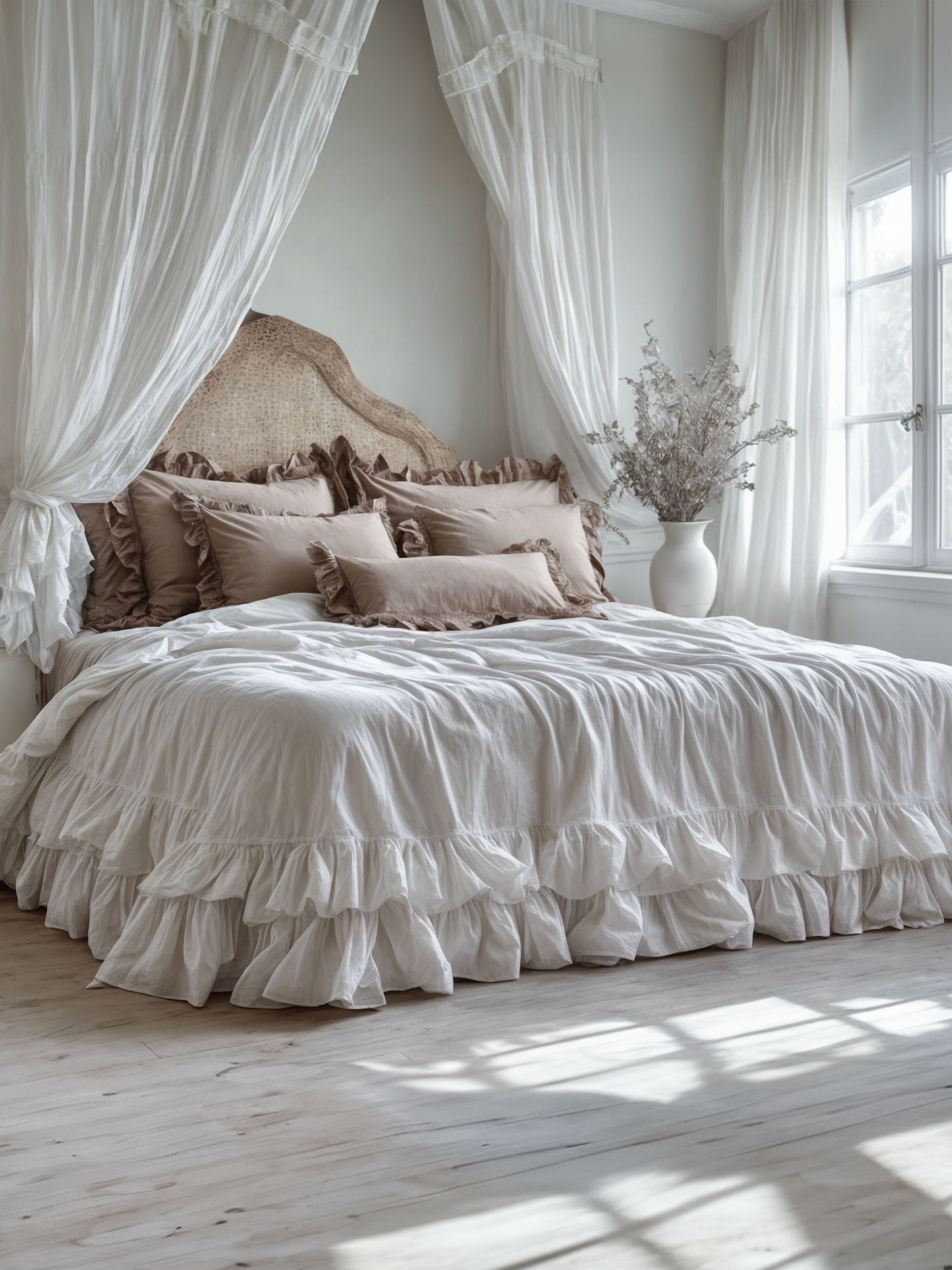 White double ruffles soft linen bedding set